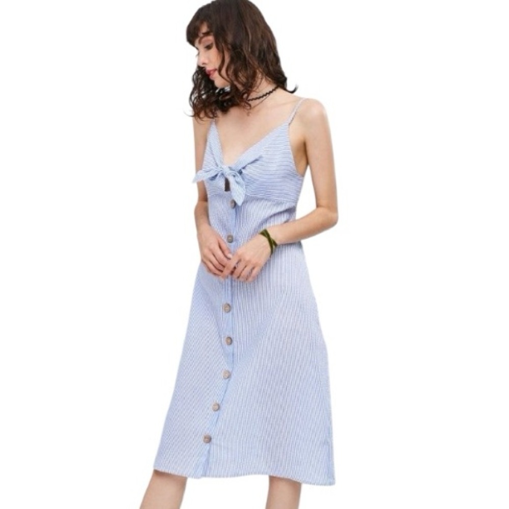 ZARA Knot Front Sweetheart Neck Striped Pastel Blue Midi Cami Dress Size S